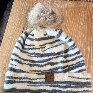 C.C Zebra Pattern Beanie with Pom-Pom - Cream and Gray